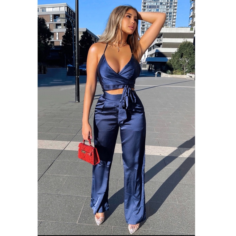 Navy Blue Satin Pant Set